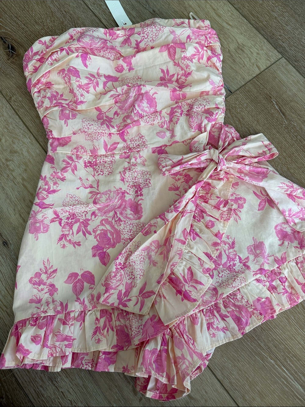 Olivaceous Pink Floral Strapless Tie-Waist shorts romper